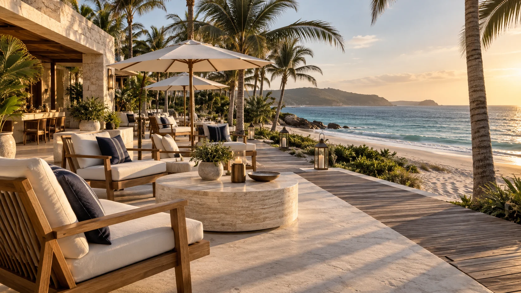Beachfront resort terrace with lounge chairs, umbrellas, palms and an open view across the ocean.
