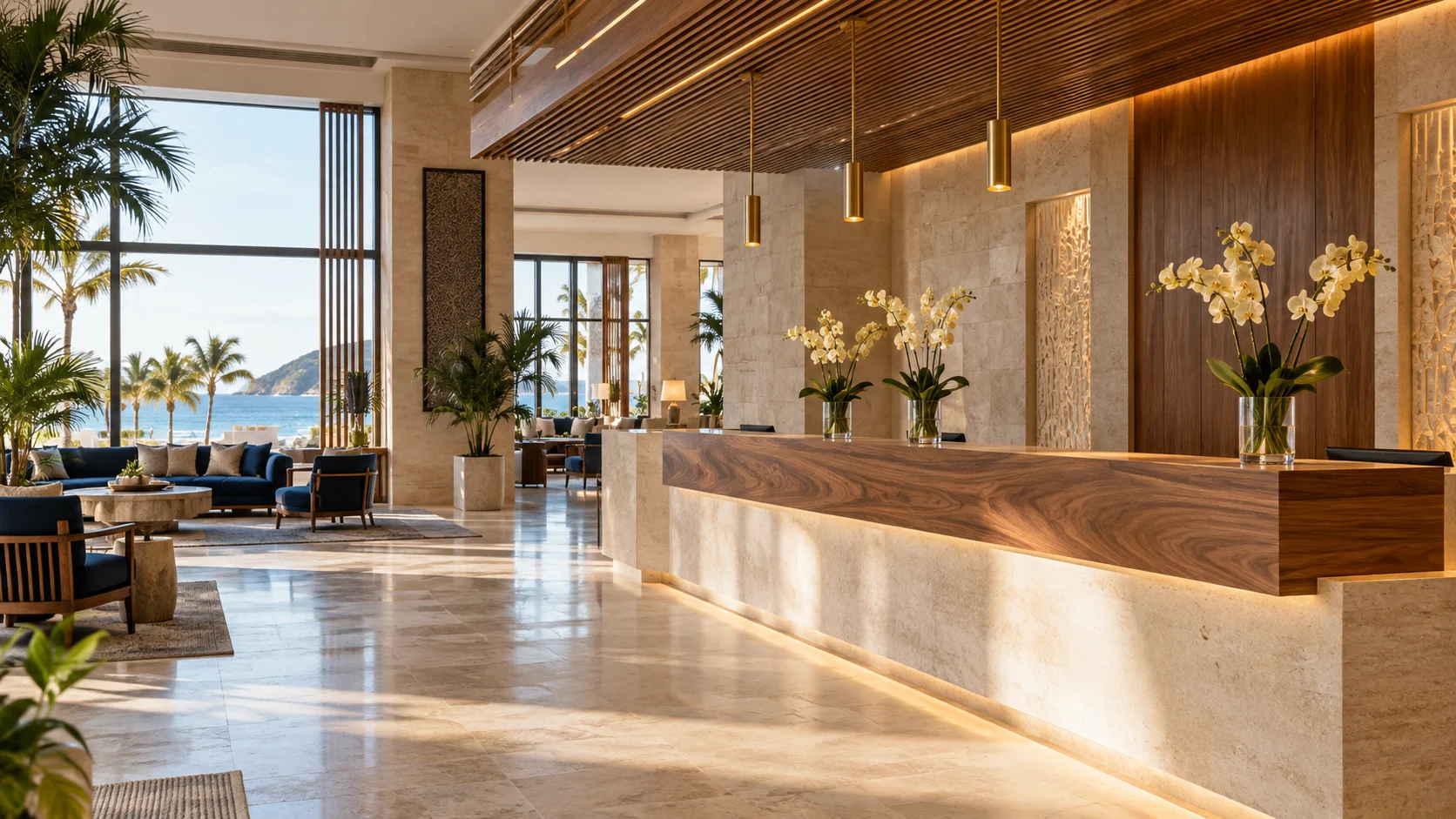 Bright coastal hotel lobby with a stone reception desk, warm wood ceiling and ocean views through tall windows.
