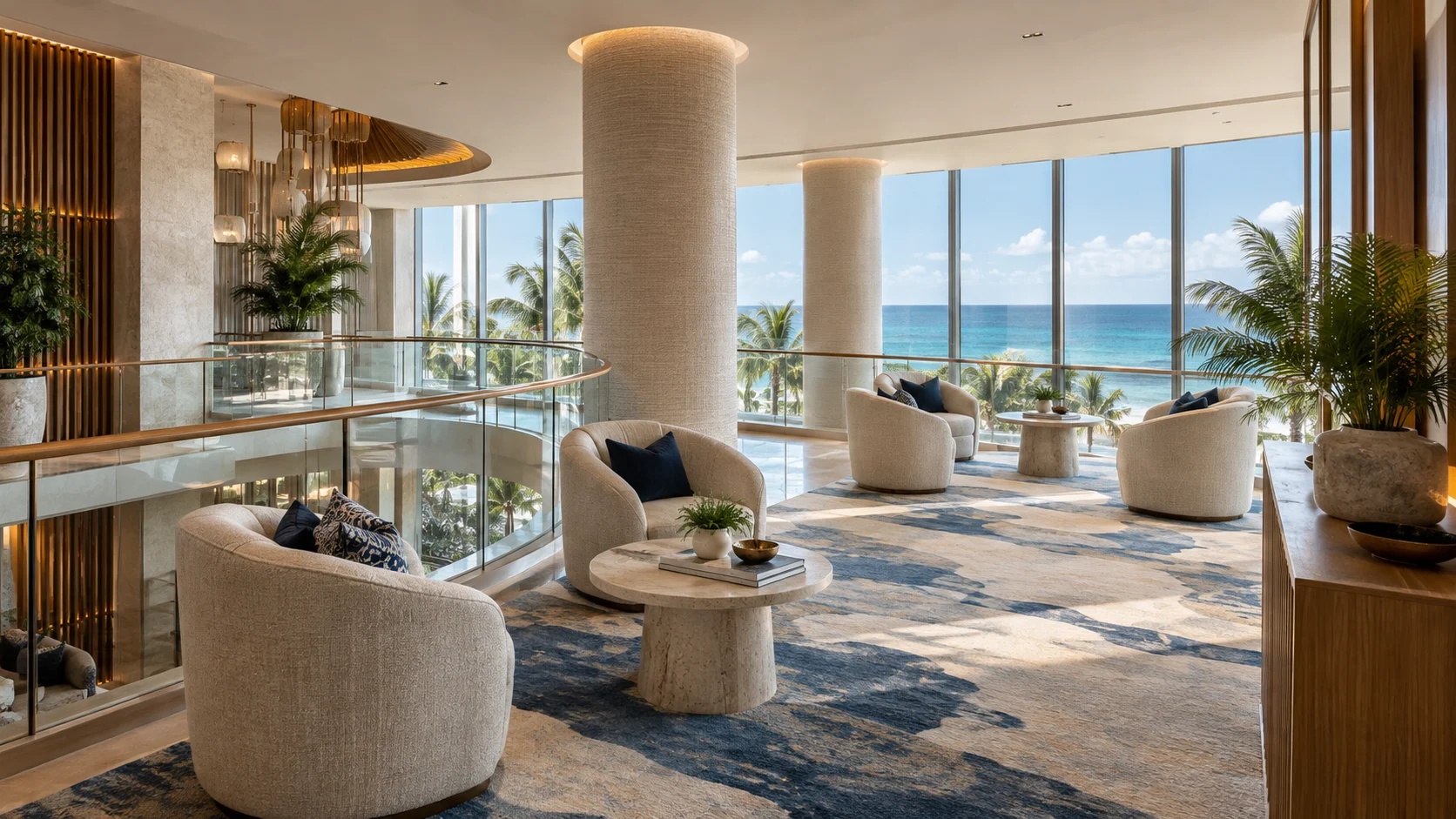 Airy coastal hotel lounge with curved seating, natural wood details, plants and panoramic ocean views.
