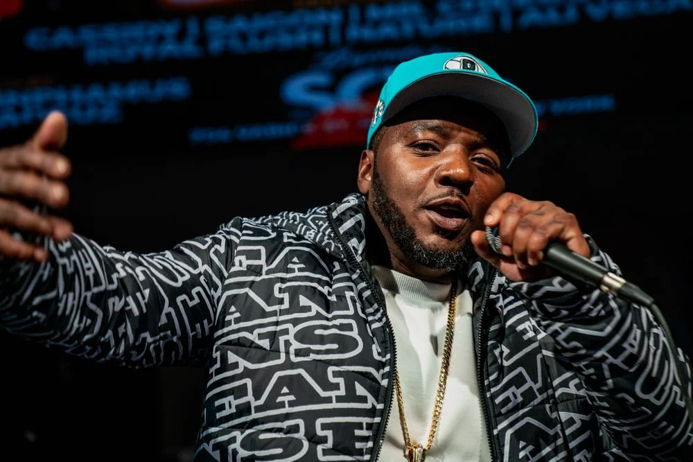 Hip hop artist performing live on stage