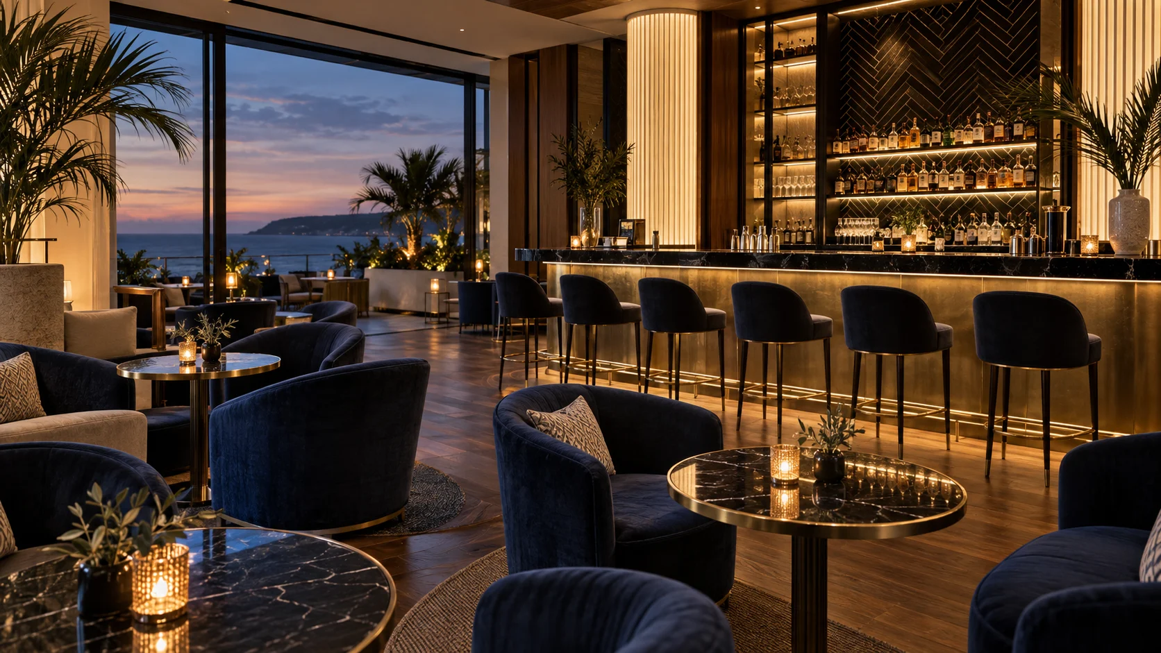 Luxury coastal hotel bar with dark blue seating, warm pendant lights and palm trees visible at sunset.