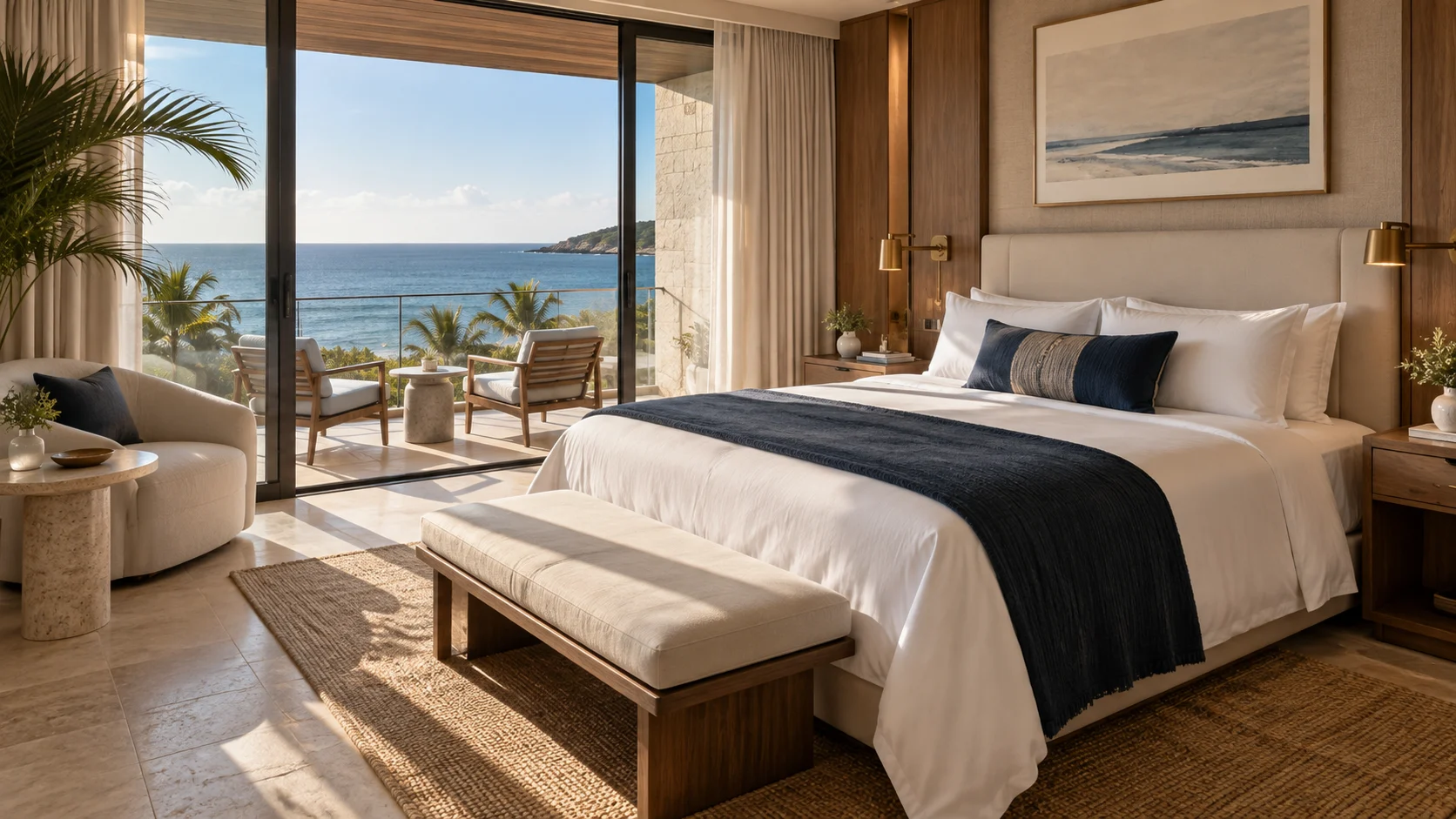 Ocean-view hotel suite with a king bed, neutral furnishings, seating area and wide terrace doors.