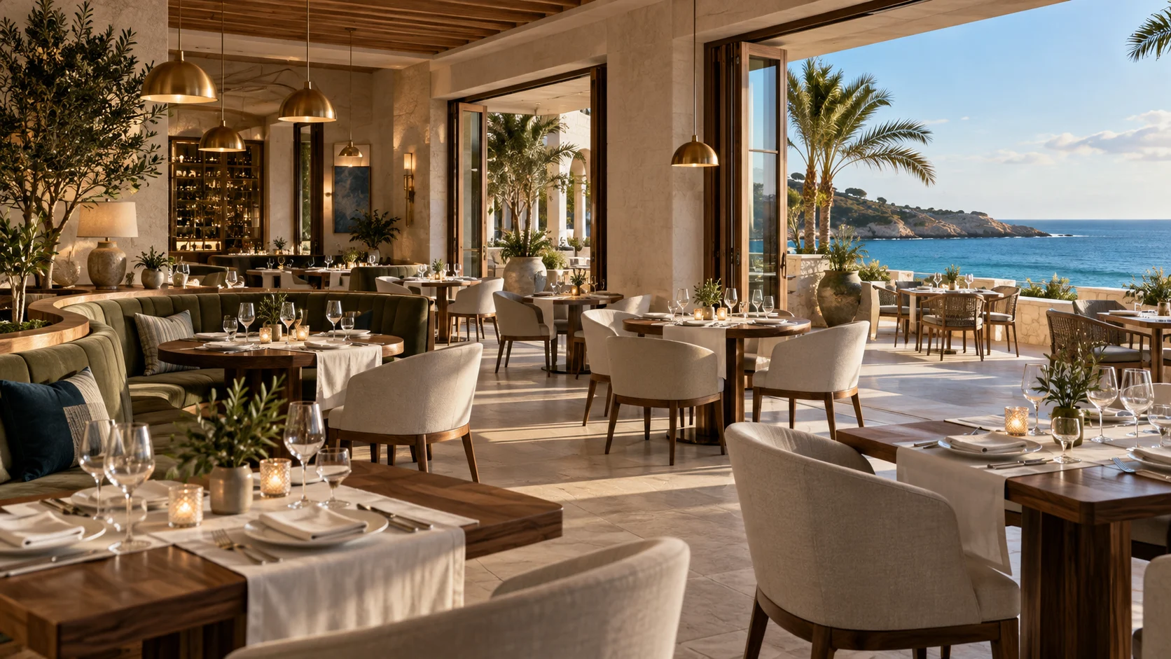 Refined oceanfront hotel restaurant with set dining tables, dark wood accents and open coastal views.