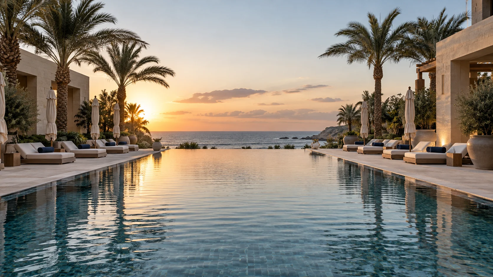 Long resort infinity pool lined with palm trees and lounge seating beneath a warm sunset sky.