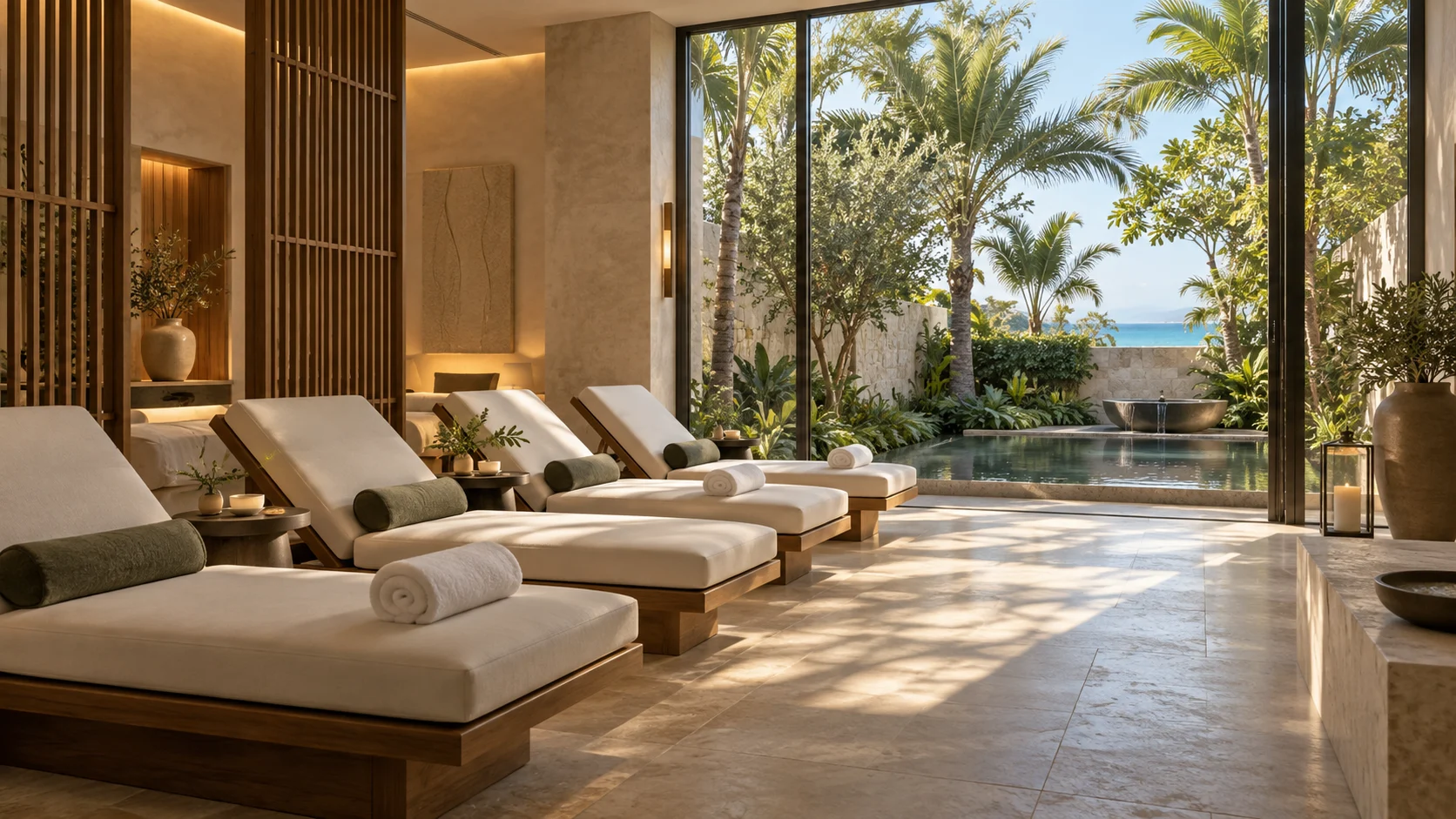 Sunlit resort spa lounge with cushioned daybeds, folded towels, wood screens and tropical greenery.
