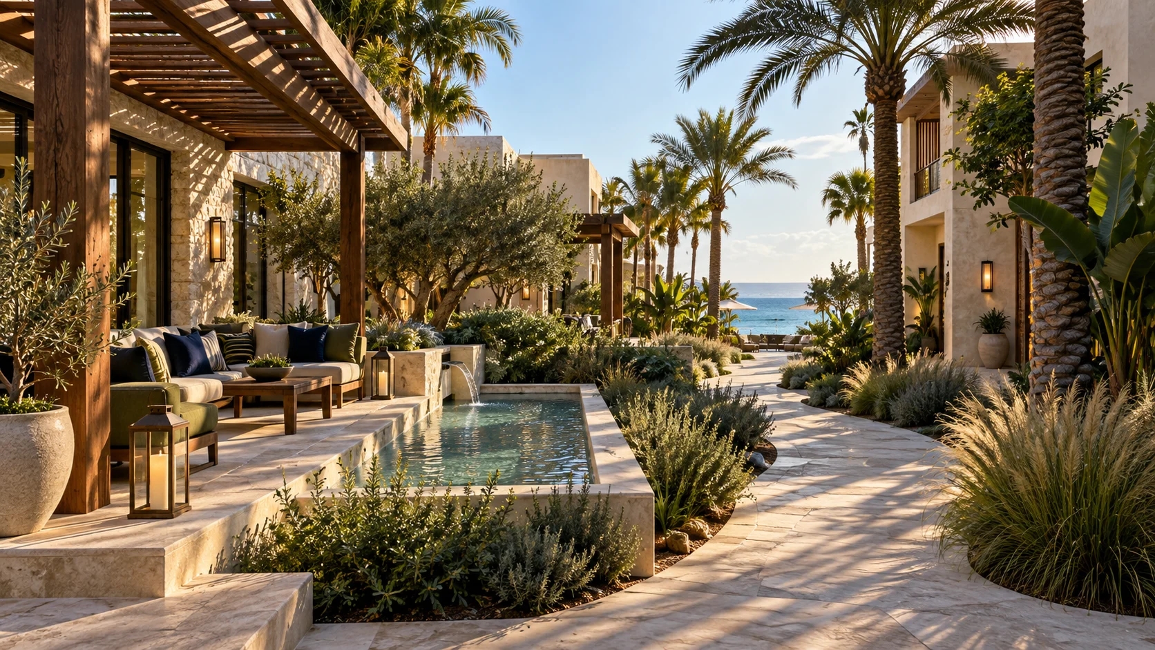 Landscaped tropical resort courtyard with palms, shaded seating, water features and stone walkways.